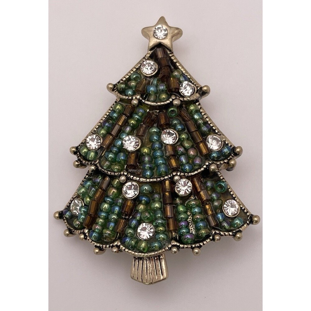 Liz Claiborne Christmas Tree Rhinestone Brown Green Gold Tone Brooch Pin